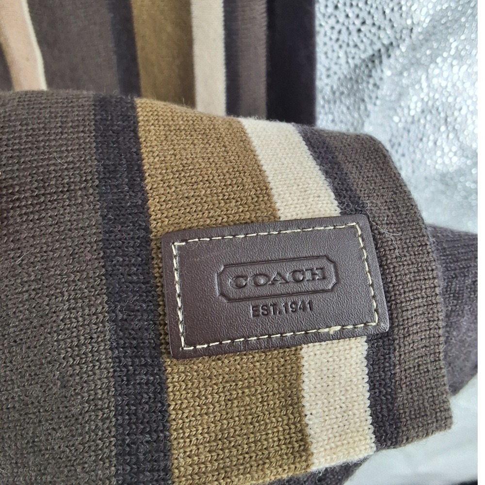 Coach Brown Striped 100% Merino Wool Scarf Leather Logo Patch Unisex Knit